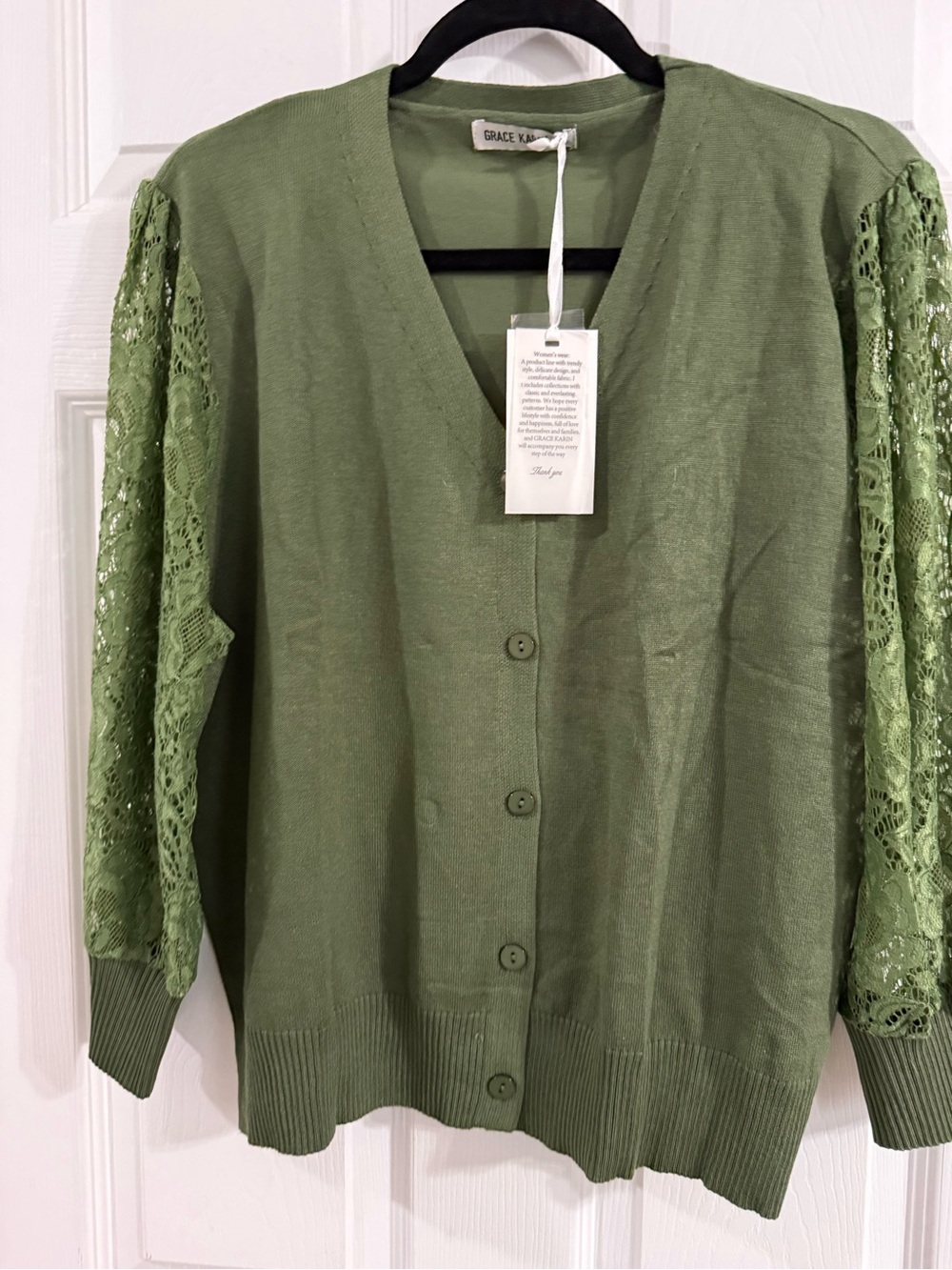 Grace Karin Moss Green Lace-Sleeve Button Cardigan